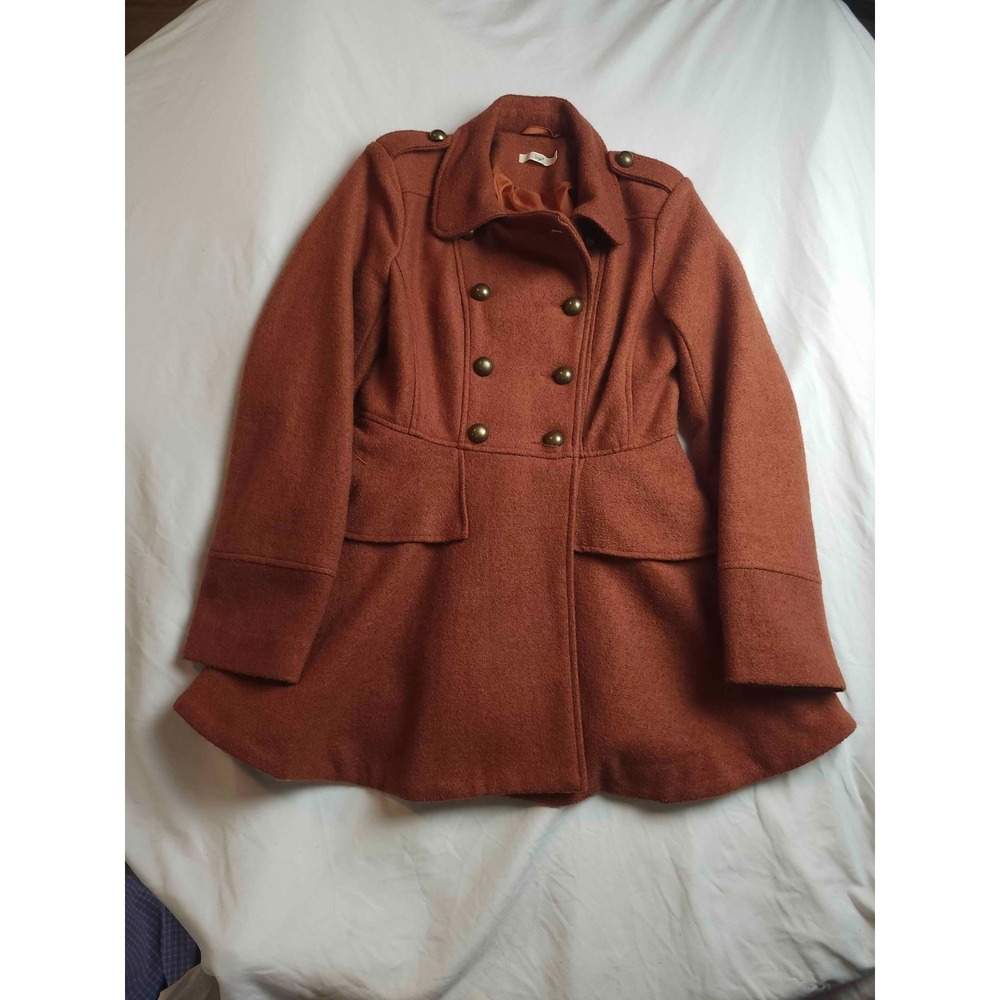 Hazel Coat‎ Womens Medium Brown Double Breasted Tiered Ruffle Peplum Jacket Mid
